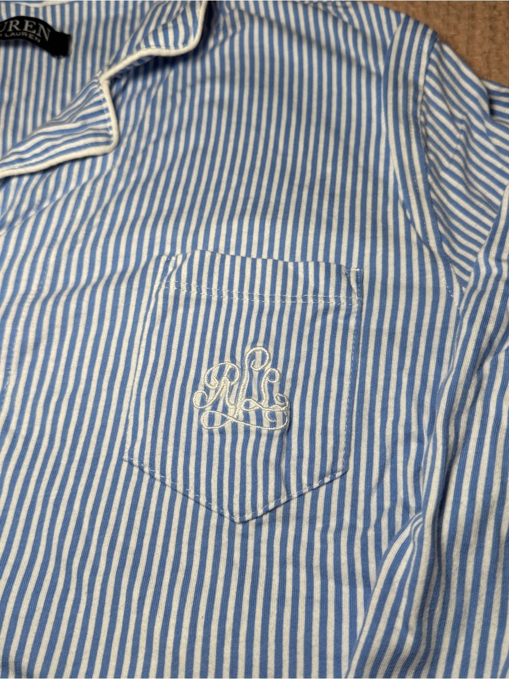 Ralph Lauren Light Blue & White Striped Cotton Button-Down Pajama Top
